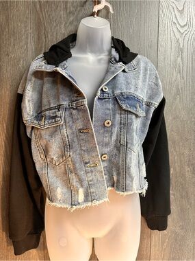 Highway Jeans Hooded Denim Jacket Womens Large Distressed Cropped